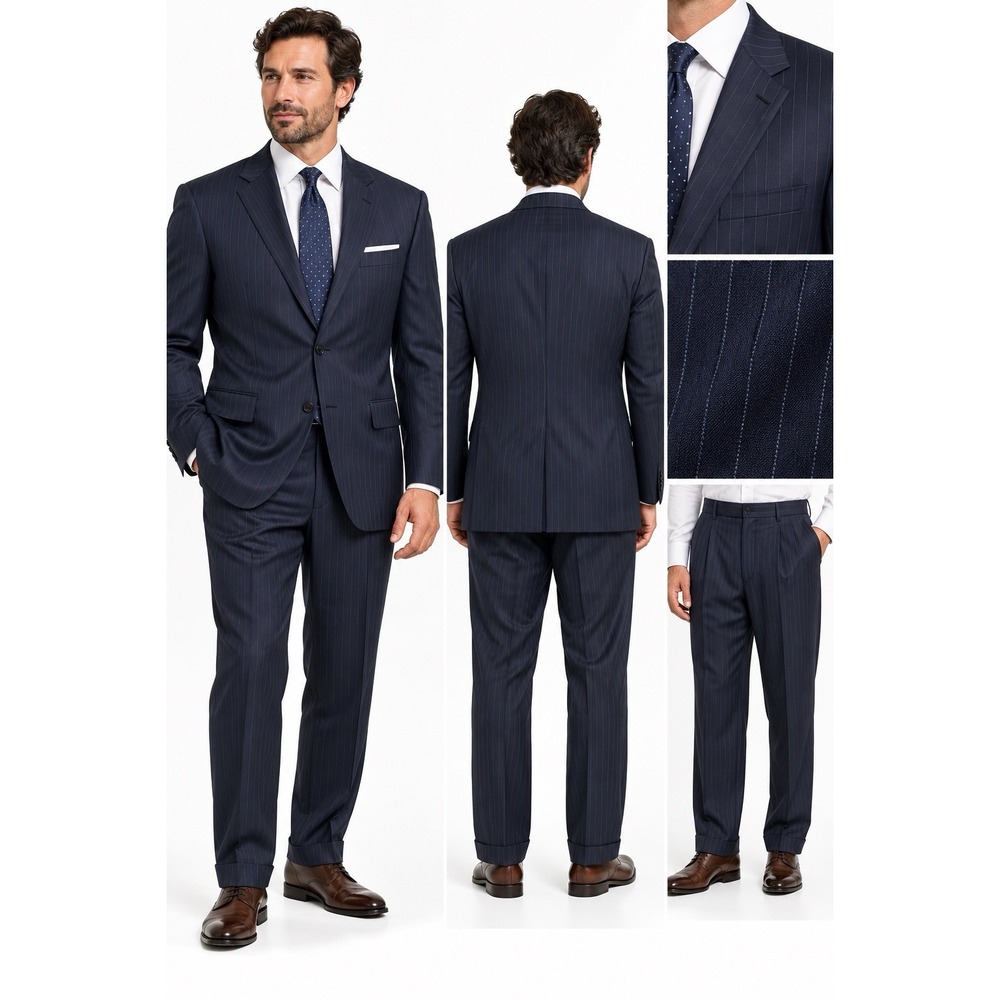Jos A Bank Signature Gold Suit 42R Navy Pinstripe 100% Wool 2 Piece Mens